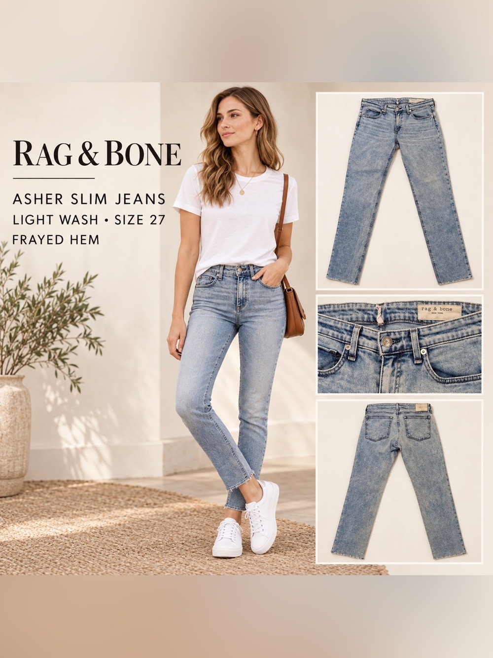 Rag & Bone Asher Light Wash Slim Jeans | Size 27 | Frayed hem